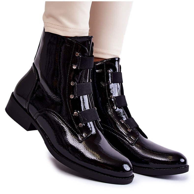 S.Barski Lacquered Warm Boots On Flat Heel Black Geira