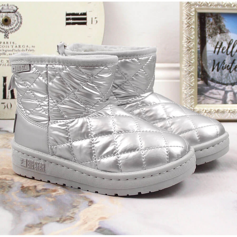Girls' silver, quilted, quilted, silver-insulated slip-on snow boots Big Star KK374241