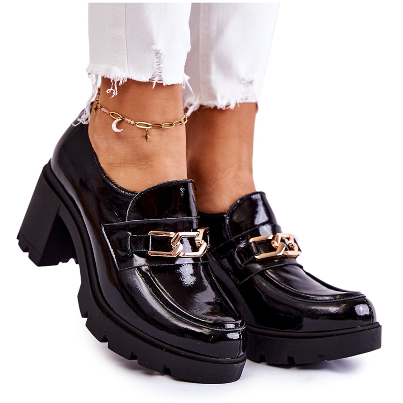 PL5 Lacquered black shoes on a pillar with a gold ornament Mikeyla