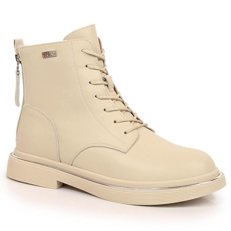 Leather lace-up boots with a zipper insulated Goe W INT1592A beige