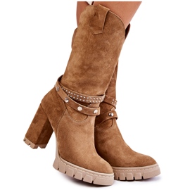 Women's high boots on a high heel Lewski Shoes 3246 Beige brown
