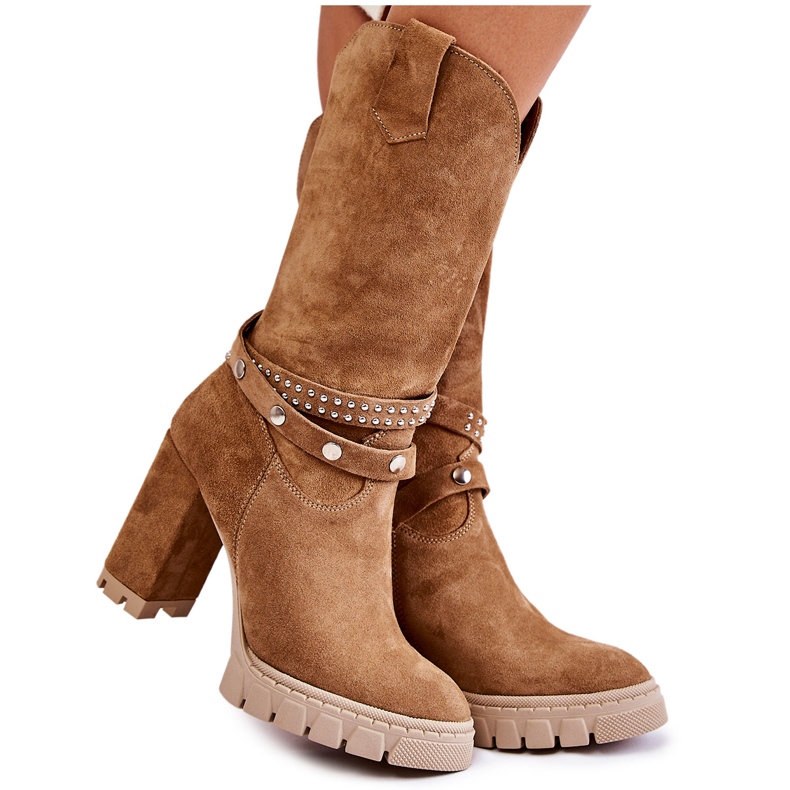 Women's high boots on a high heel Lewski Shoes 3246 Beige brown