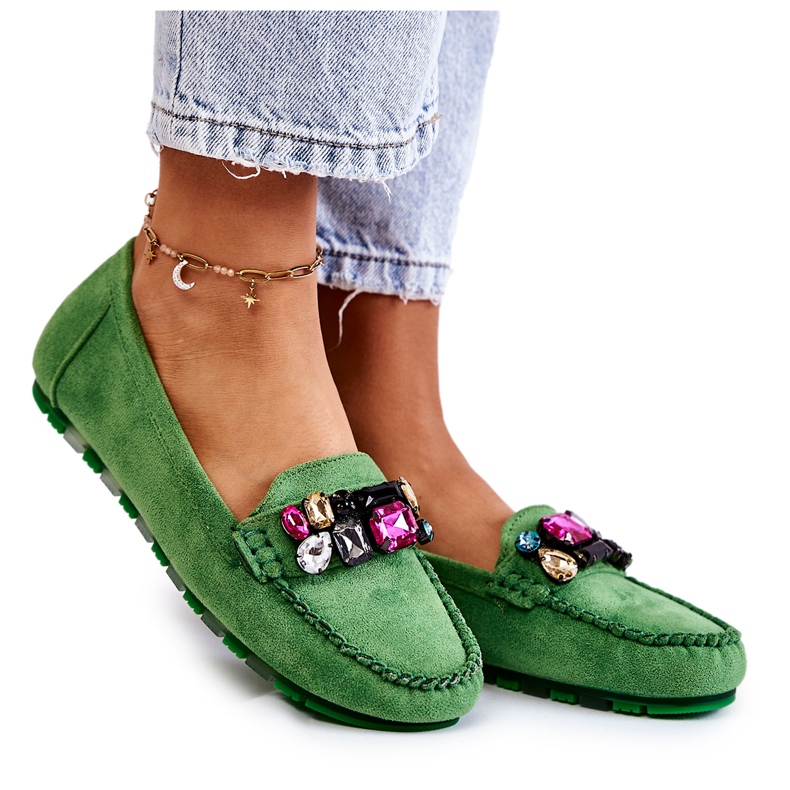 PS1 Women's suede loafers with green Janetta decorations