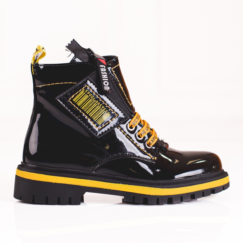Patent leather girls boots with yellow Shelovet inserts black