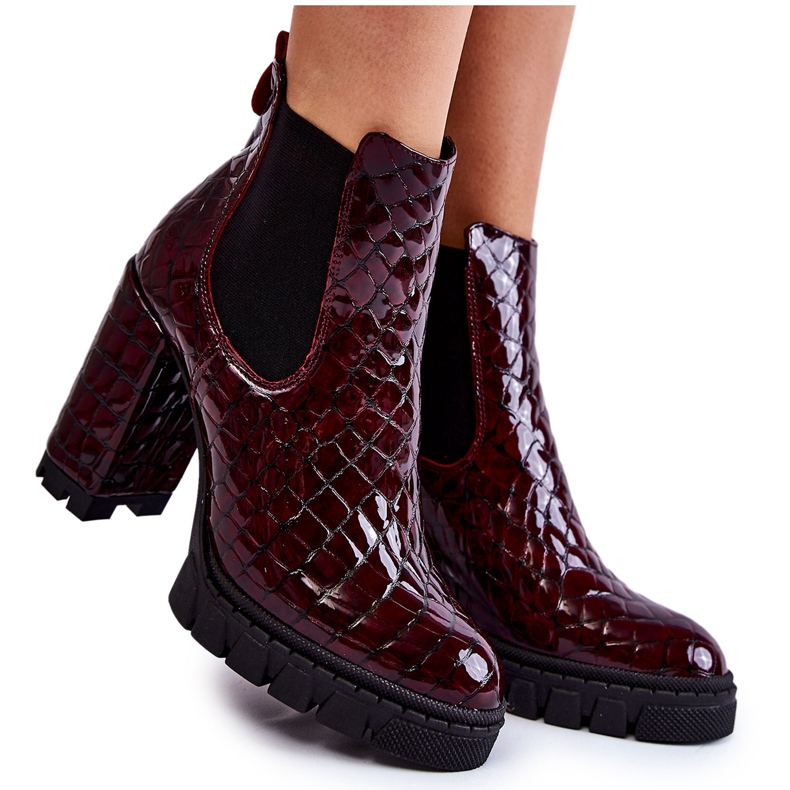 Patent Leather Ankle Boots Snake Pattern On A Block Heel Burgundy red