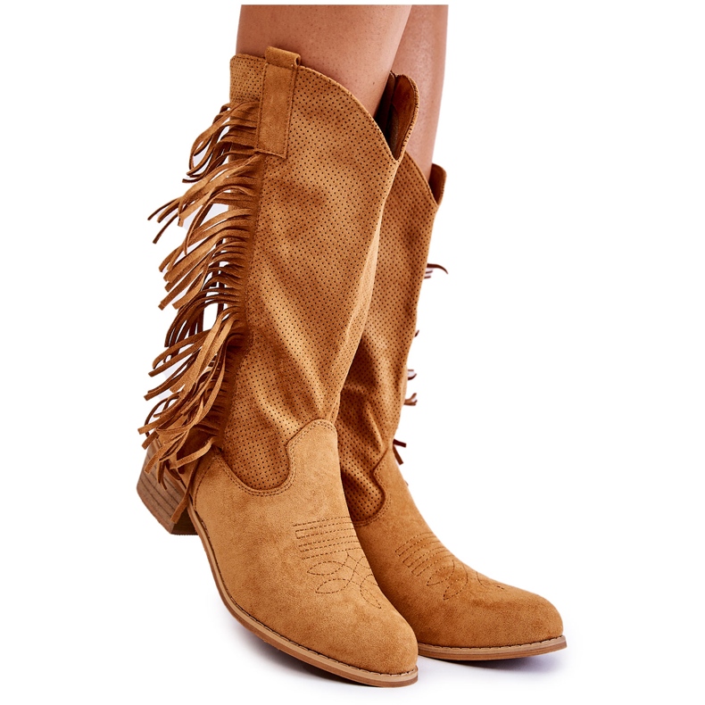 PG2 Women's Suede Cowboy Boots With Fringes Camel Haddy brown