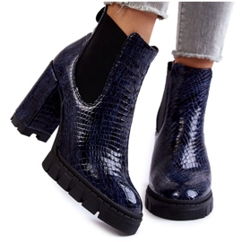 Patent Leather Ankle Boots Snake Pattern On The Block Navy Blue