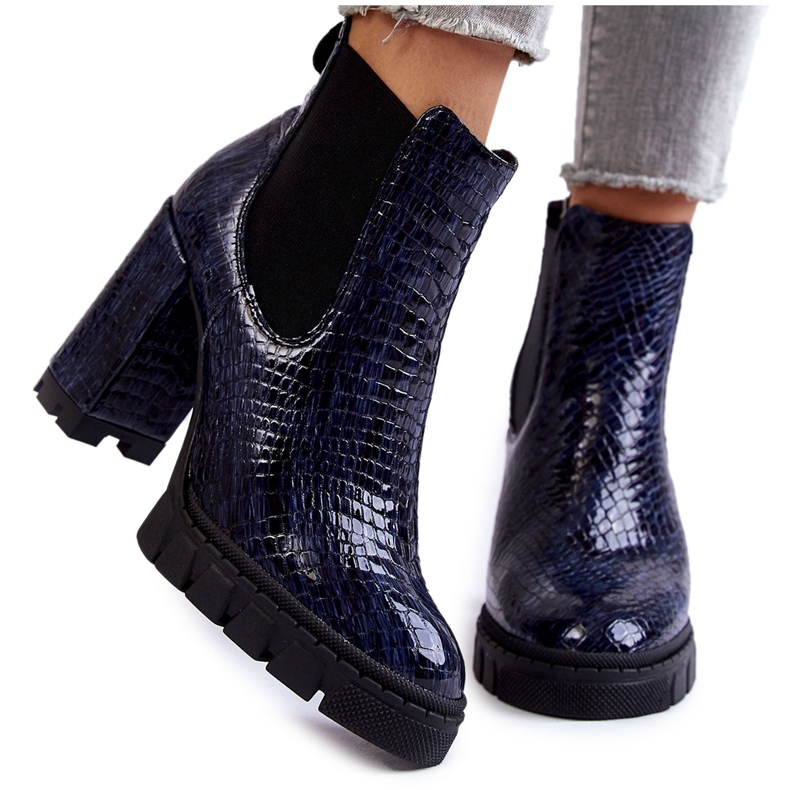 Patent Leather Ankle Boots Snake Pattern On The Block Navy Blue