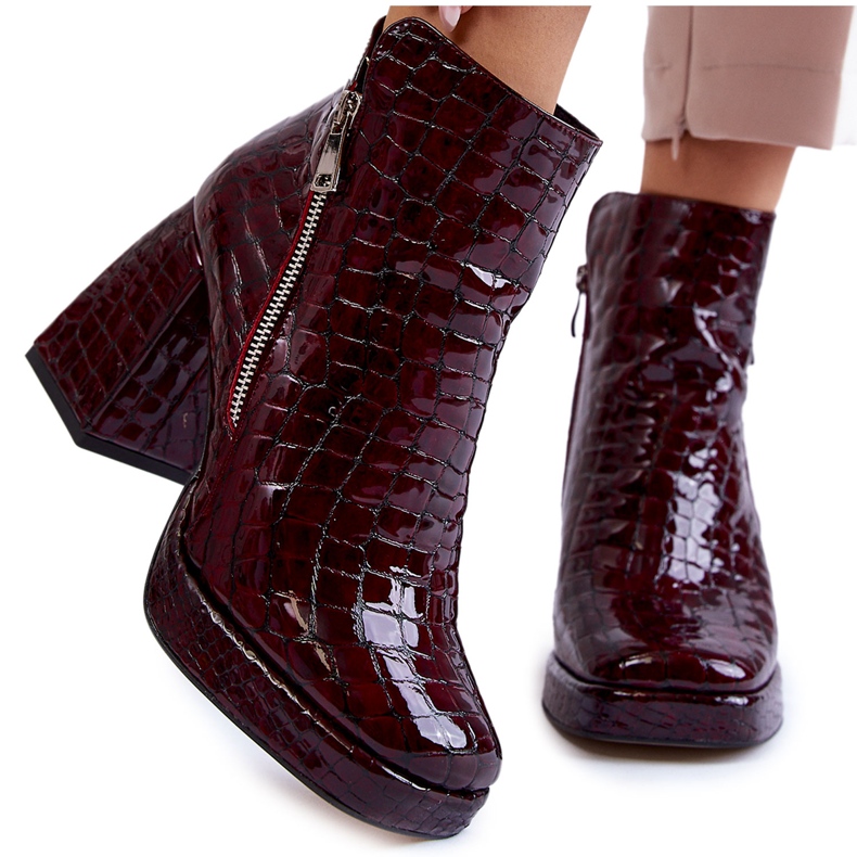 PA2 Leather Ankle Boots Crocodile Pattern Burgundy Alienore red