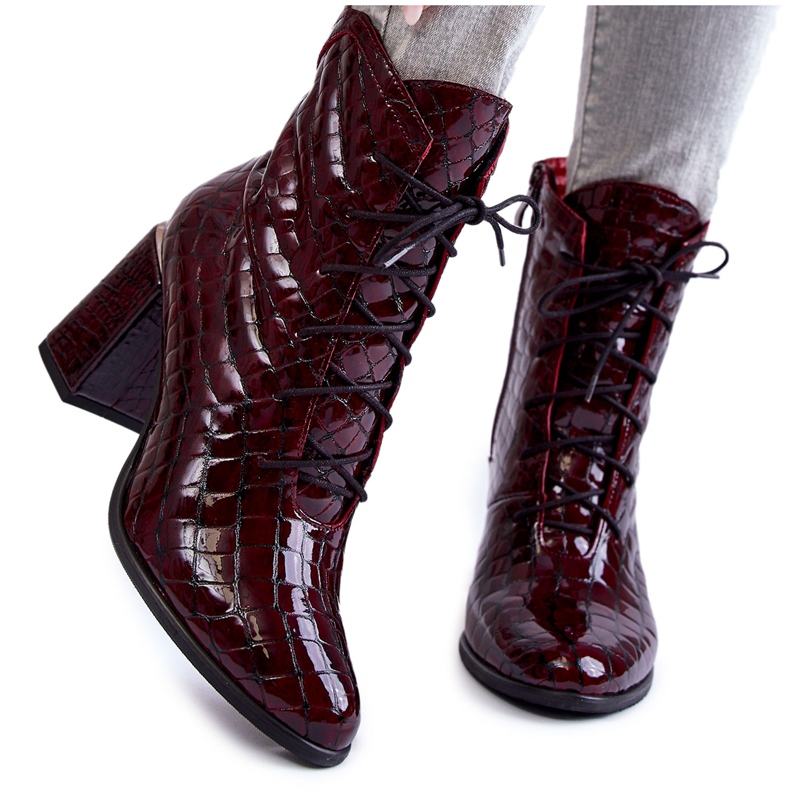 PA2 Women's Lacquered Boots On A Crocodile Heel Pattern Burgundy Alva