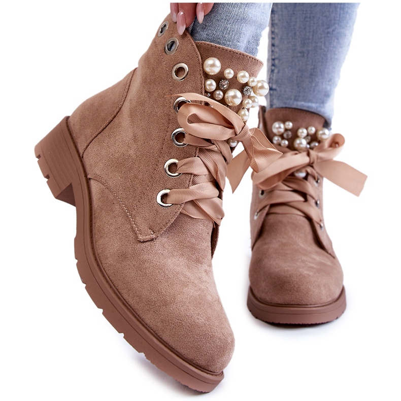 FB2 Dark Beige Raiso Suede Warm Boots With Zipper With Pearls