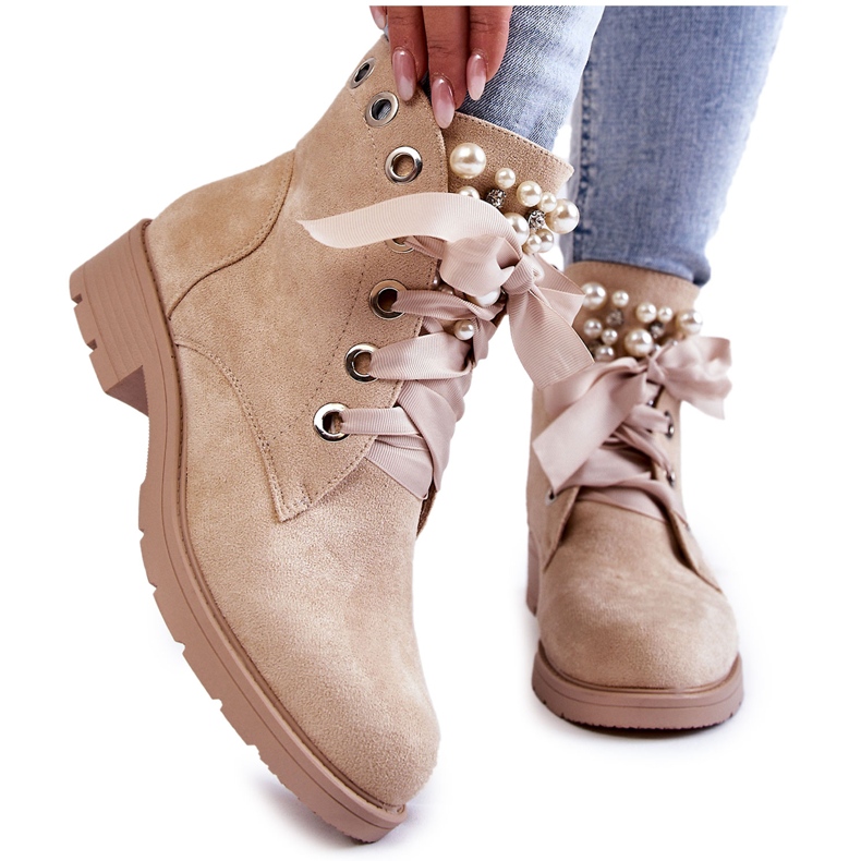 FB2 Suede Warm Boots With Zipper With Pearls Beige Raiso