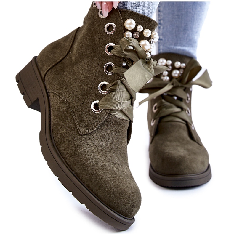 Suede Insulated Zipper Boots With Pearls, Green Perla