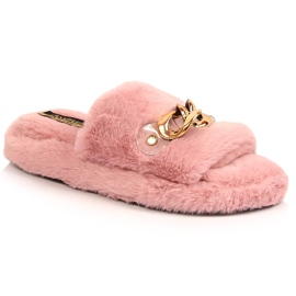 Women's plush slippers with a chain, pink