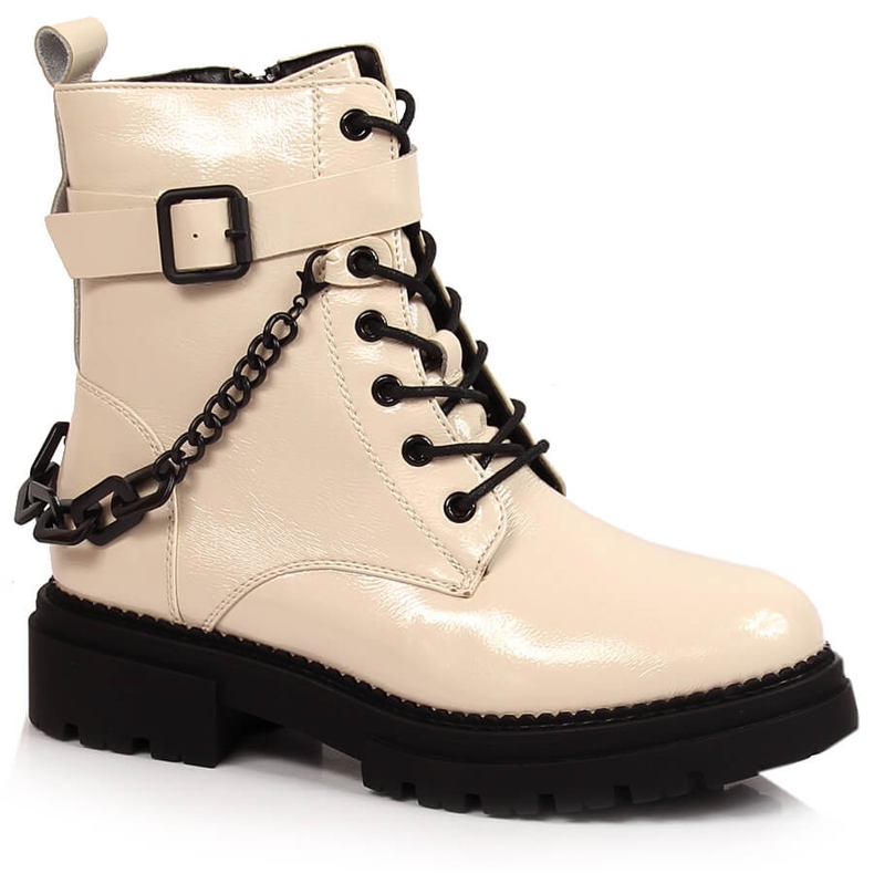 Laura La.Fi Patent leather women's ankle boots with chain, insulated, beige, La.Fi