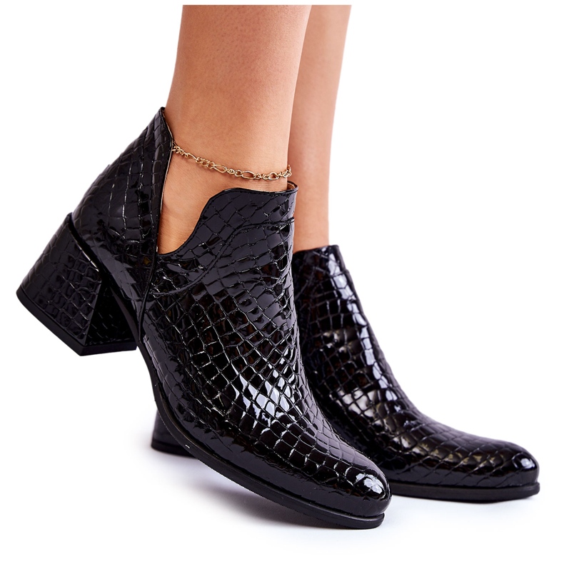 PA2 Lacquered Booties With Crocodile Cutouts Black Dalros Pattern