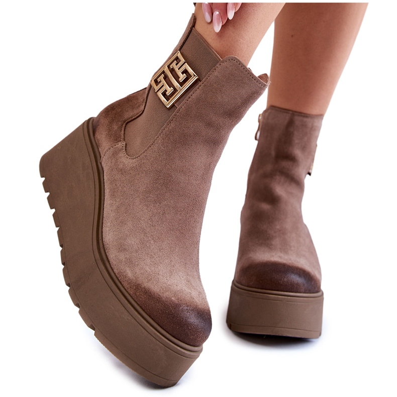 PL5 Women's Suede Boots On A Massive Platform Light Brown Savira