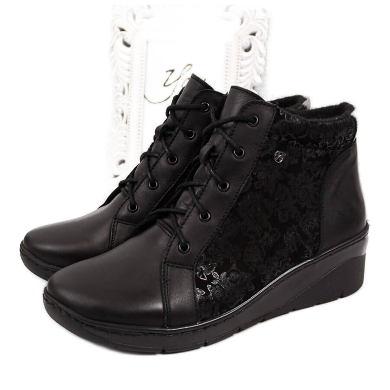 Black leather women's boots on a wedge heel, black Helios 537