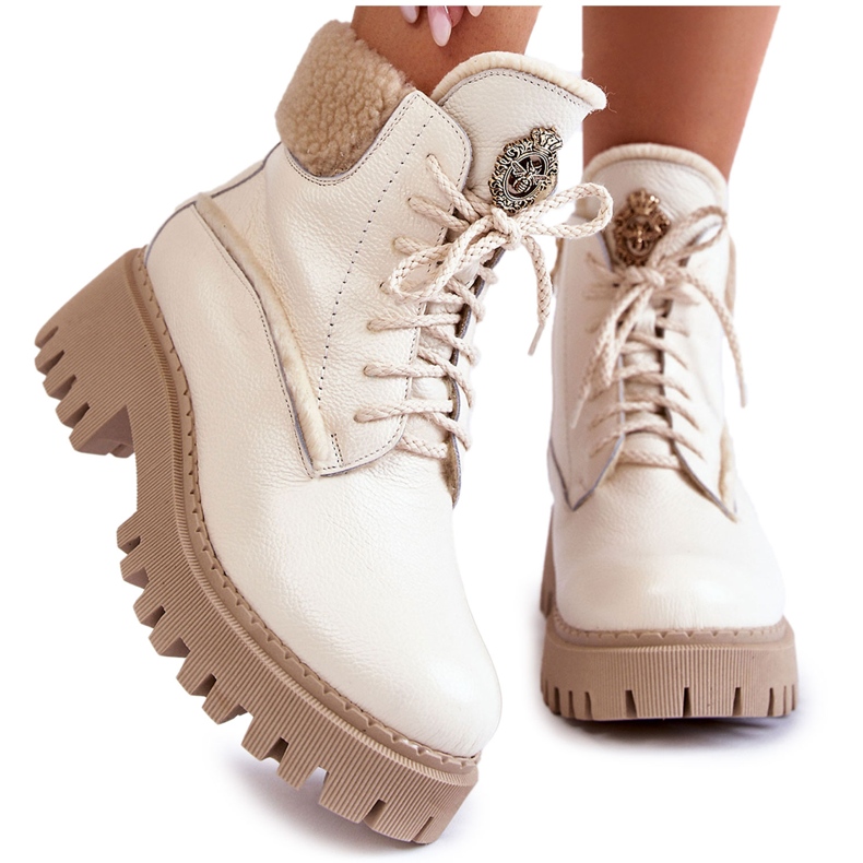PL5 Women's Leather Trappers Boots Light beige Vergo