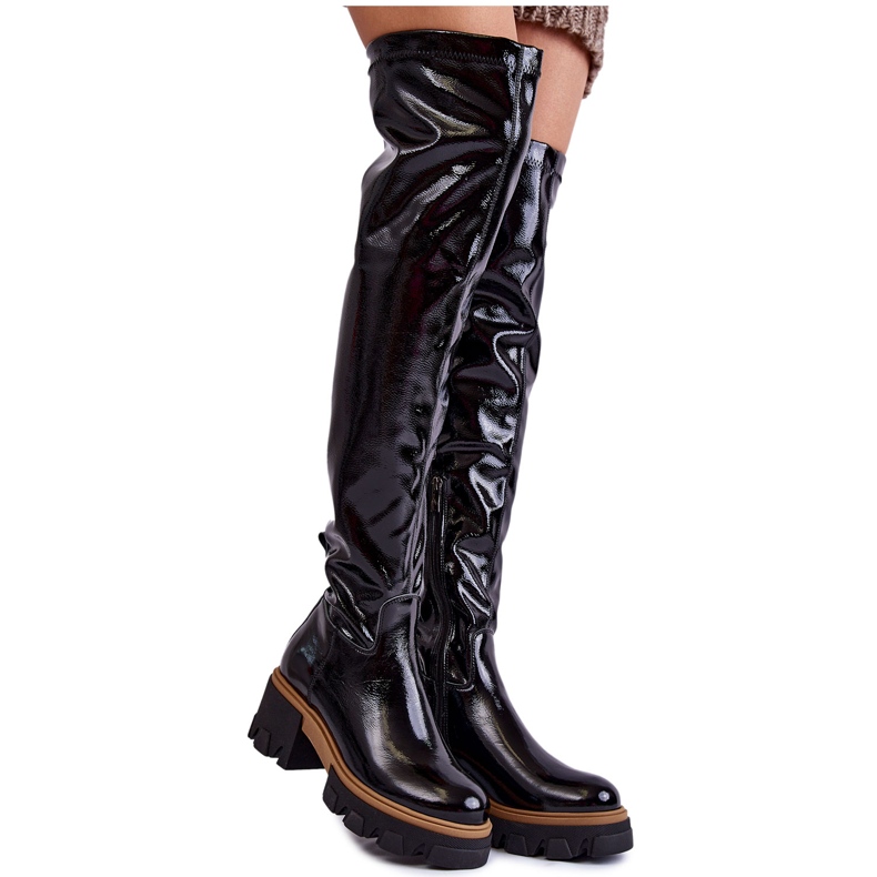PL5 Fashionable lacquered women's boots over the knee black Venise