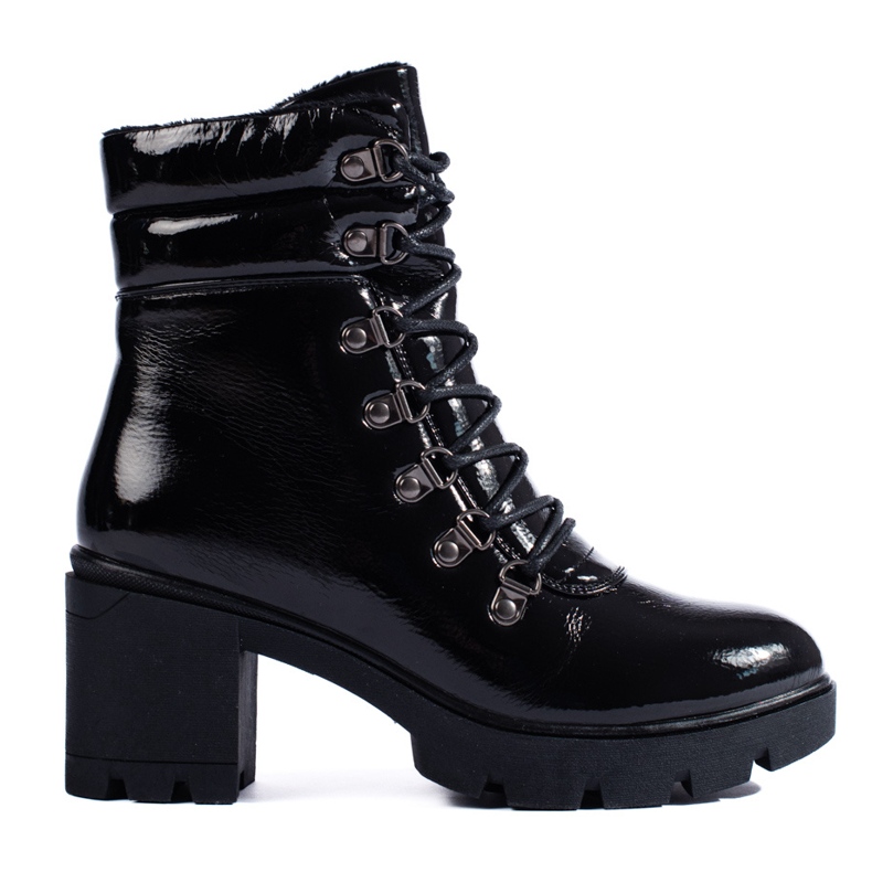 Insulated women's work boots made of patent eco-leather black