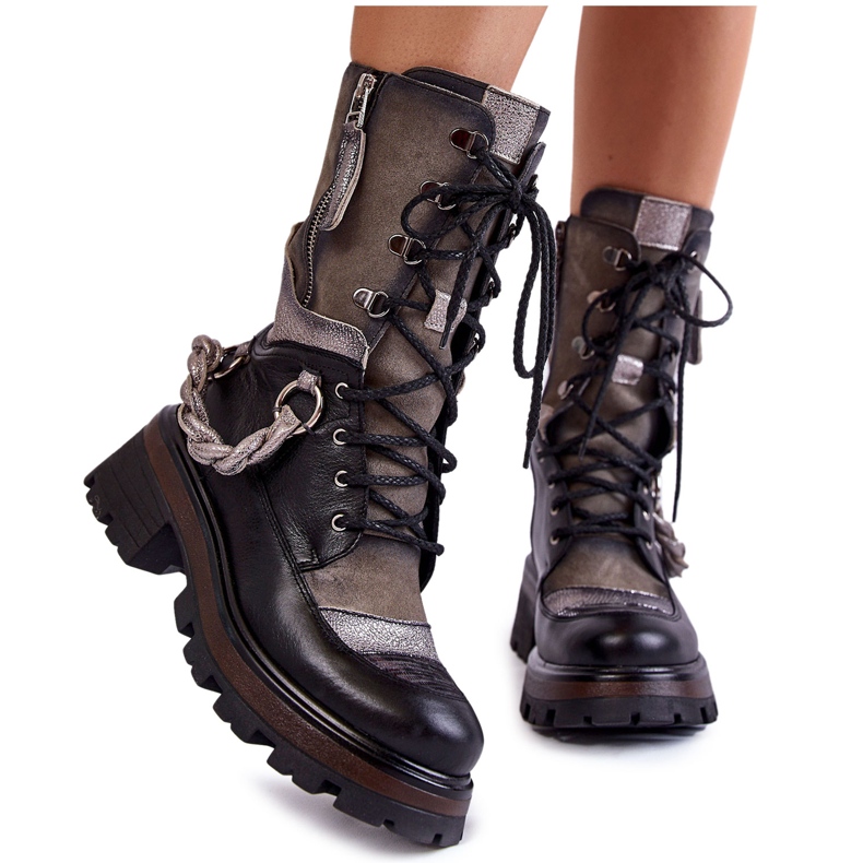 Leather High Boots Workers Maciejka 05586-01 Black and Gray