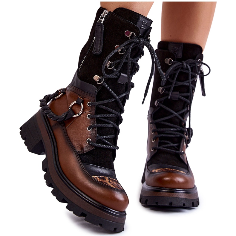 Leather High Boots Workers Maciejka 05586-29 Brown and Black