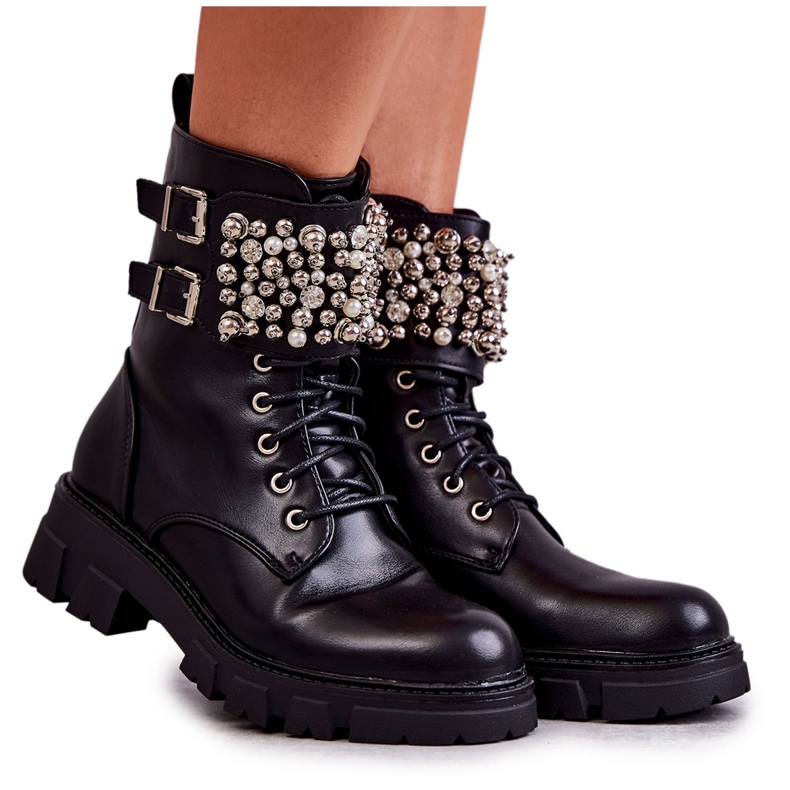 PG1 Women's Booties With Ornaments Tied Black Leonese