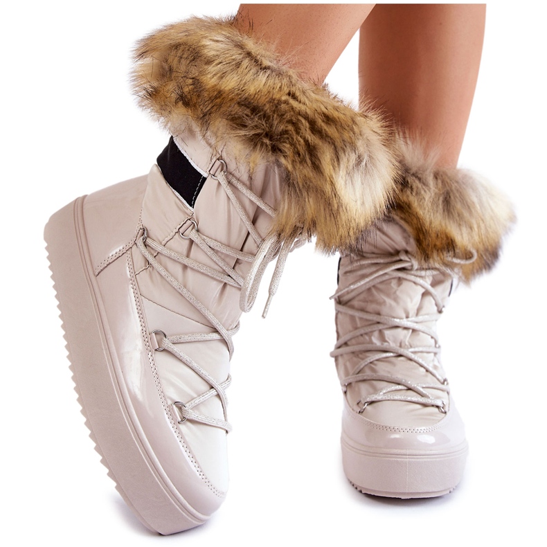 Women's Beige Shannon Lace-up Snow Boots With Fur