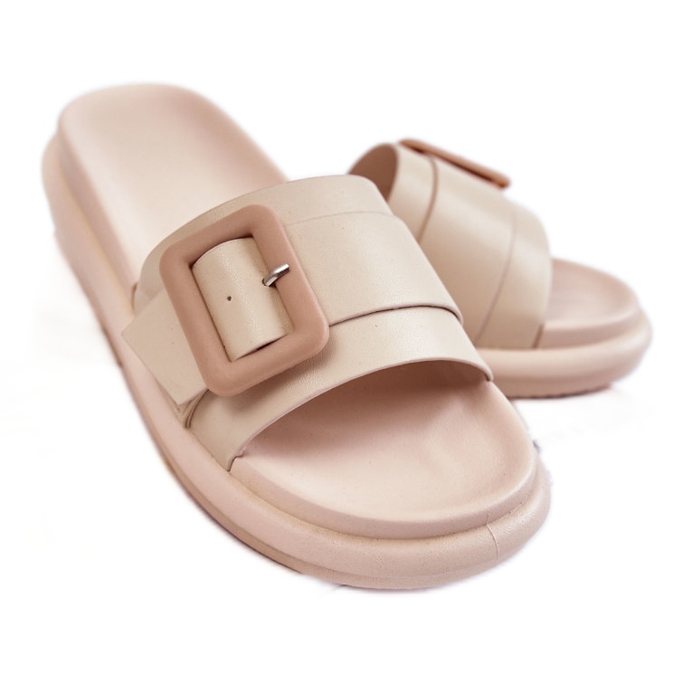 PA1 Women's Leather Slippers With A Buckle Beige Devia