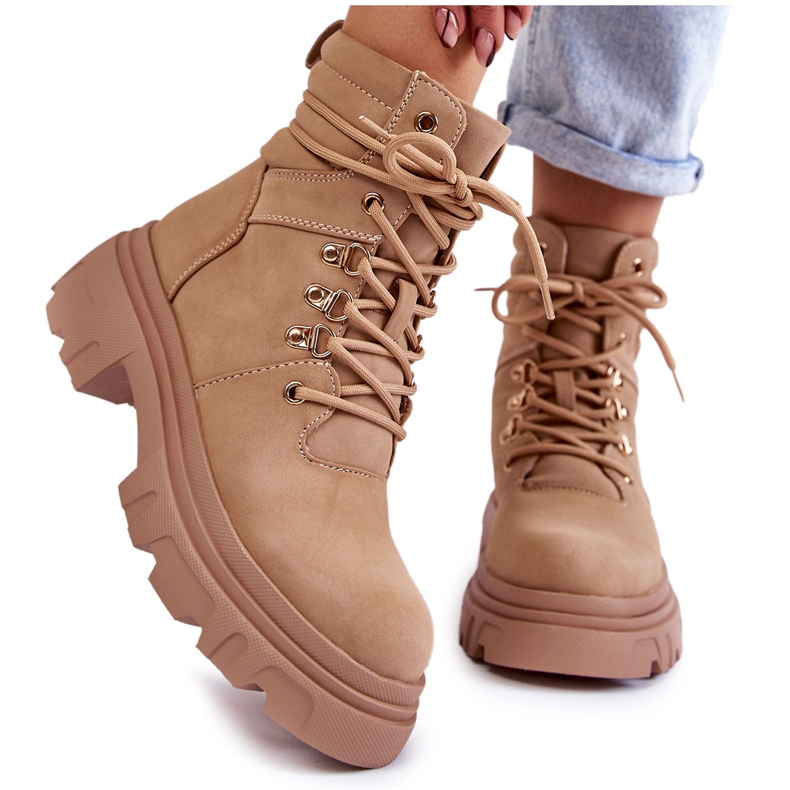 Leather Warm Lace Up Boots Beige Merisha
