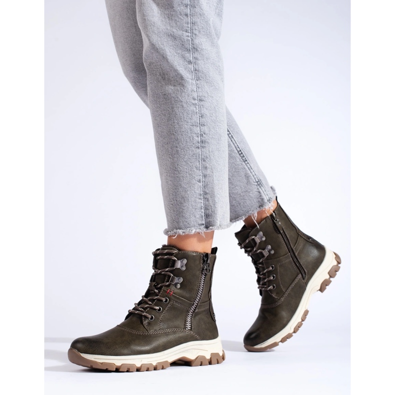 Women's lace-up boots with a decorative zipper brown