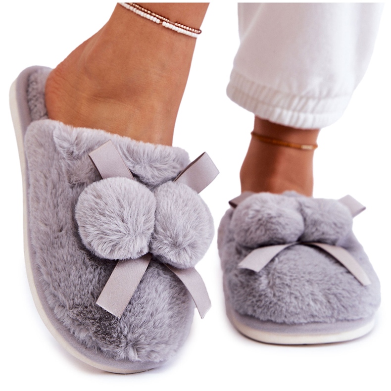 BM Women's Gray Castello Fur Slippers With Pompoms grey