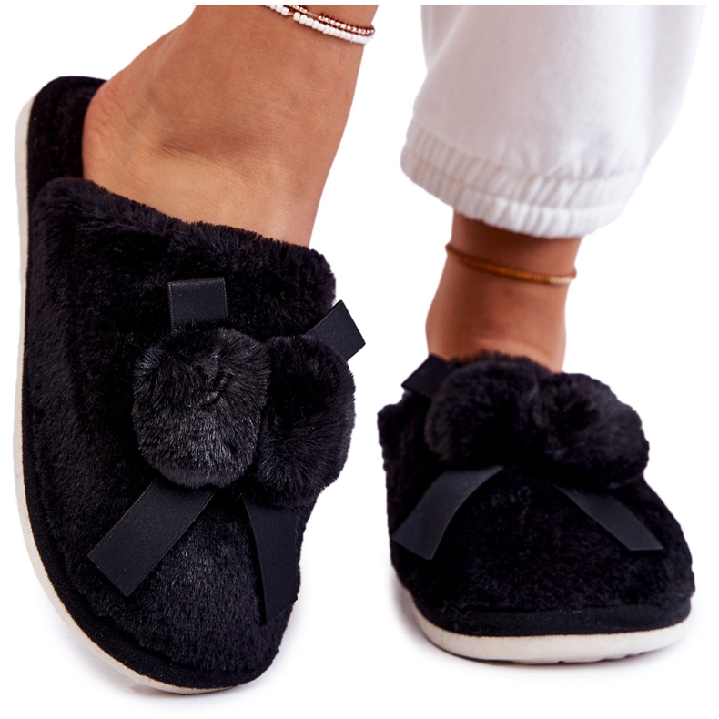 Women's Black Castello Fur Slippers With Pompoms