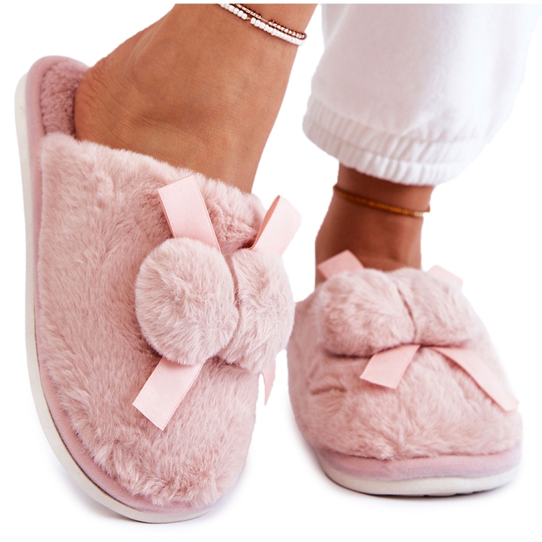 BM Women's Fur Slippers With Pompoms Pink Castello