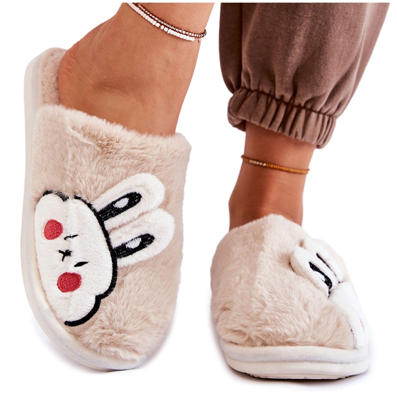 BM Women's Fur Slippers With Rabbit Beige Trisha
