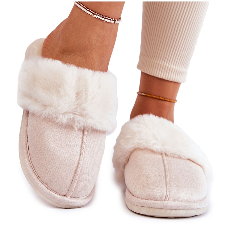 BM Women's Smooth Slippers With Fur Light Beige Morisea