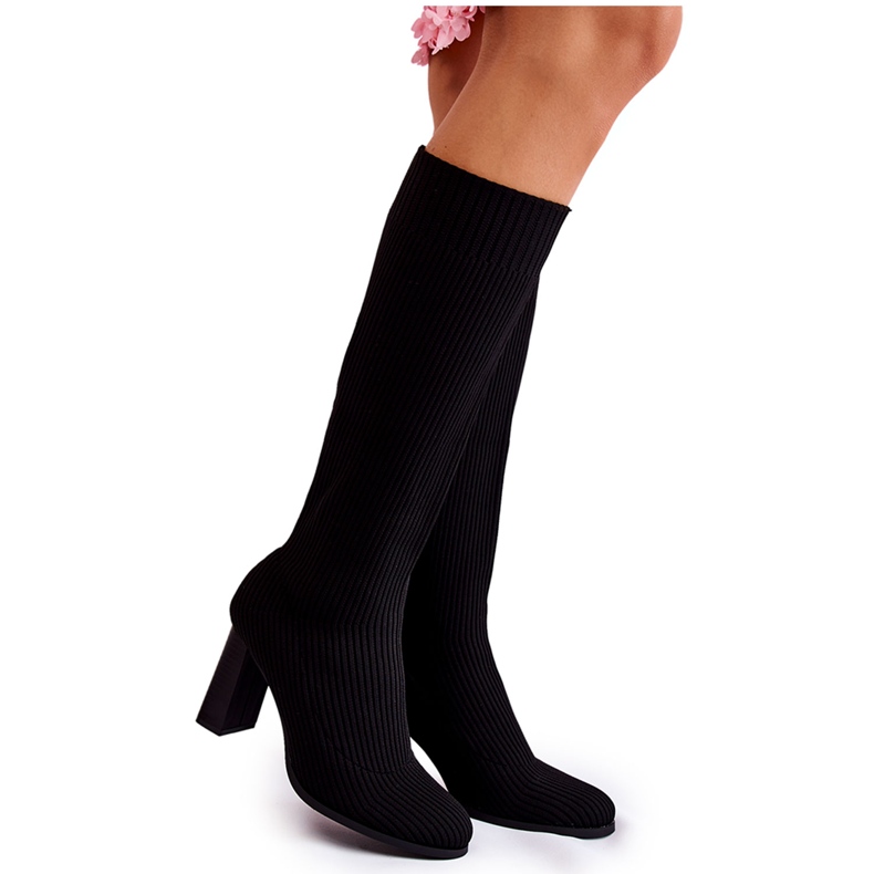 PS1 Fashionable Ribbed Black Carros Heel Boots PS1 Fashionable Ribbed Black Carros Heel Boots