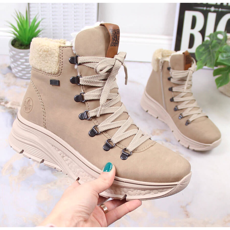 Waterproof Rieker beige warm women's snow boots 48034-20