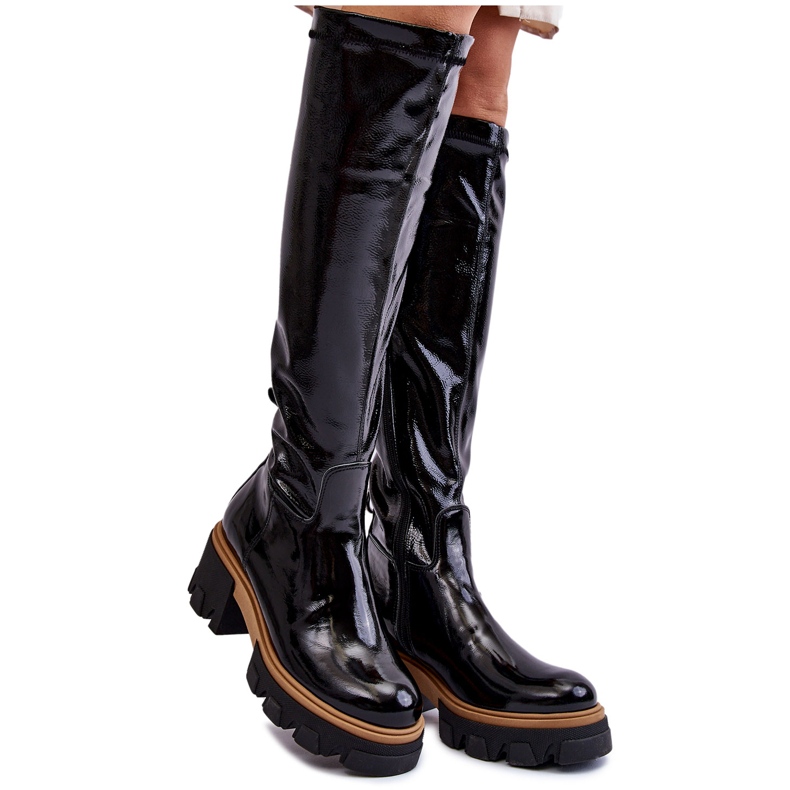 PL5 Fashionable Lacquered Women's Over Knee Boots Black Venise PL5 Fashionable Lacquered Women's Over Knee Boots Black Venise