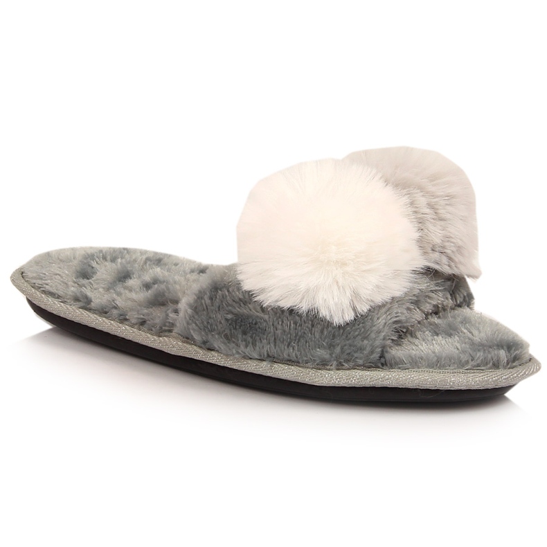 BM Women's fur slippers with pompoms gray Stella grey