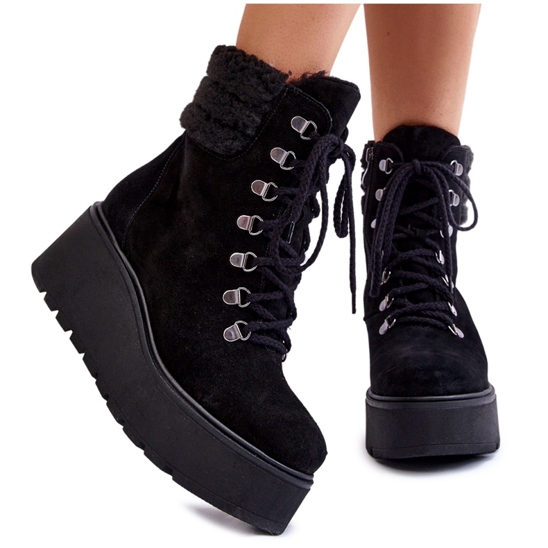 Women's Suede Wedge Boots Black Meniko