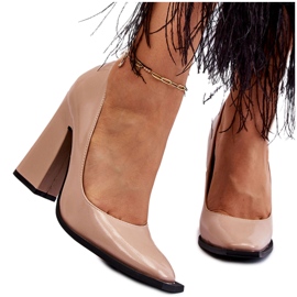 PA1 Fashionable Patent Leather Heel Pumps Nude Mysterious beige