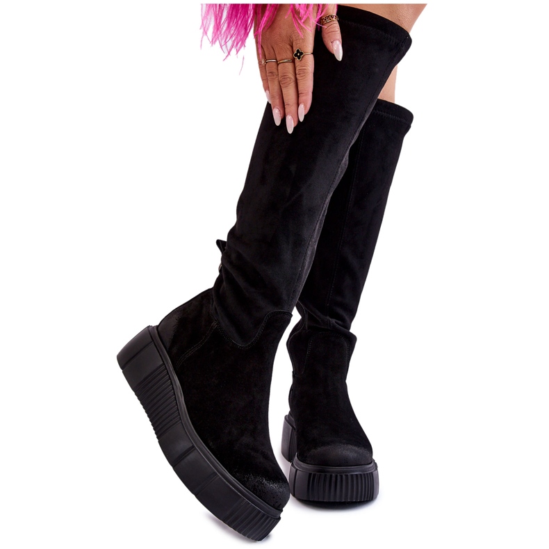 PL5 Suede Platform Knee Boots Black Spectrum