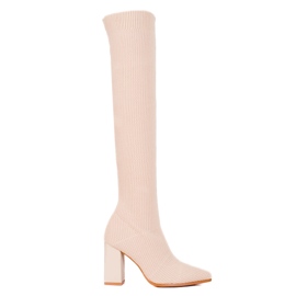Women's Shelovet V-neck Thigh Highs with elastic upper beige