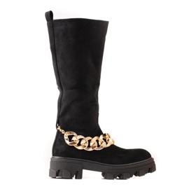 Women's black boots with gold chain