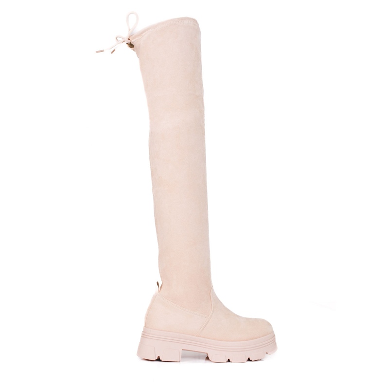 Shelovet women's thigh high boots on a light beige platform