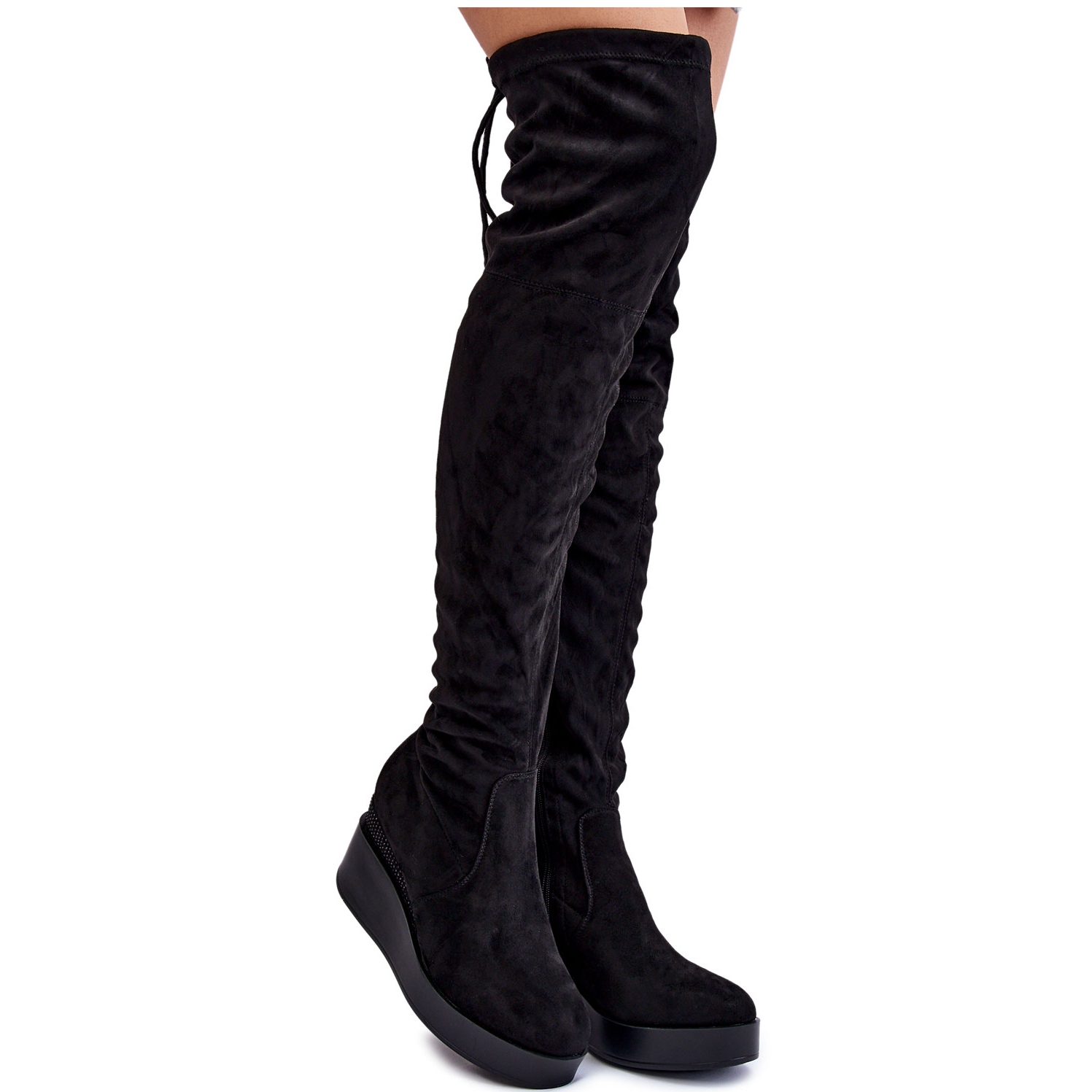 BM Women's Wedge Thigh High Boots Black Elori - Main Image
