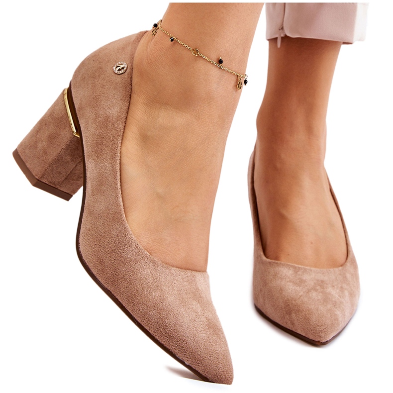 PS1 Classic Suede High Heel Pumps With Beige Derren Embellishments brown
