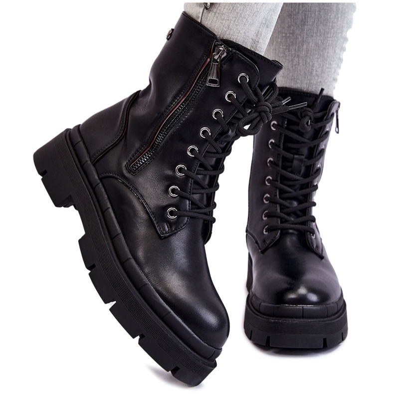 PG1 Women's Leather Lace Up Trapper Boots Black Shanna